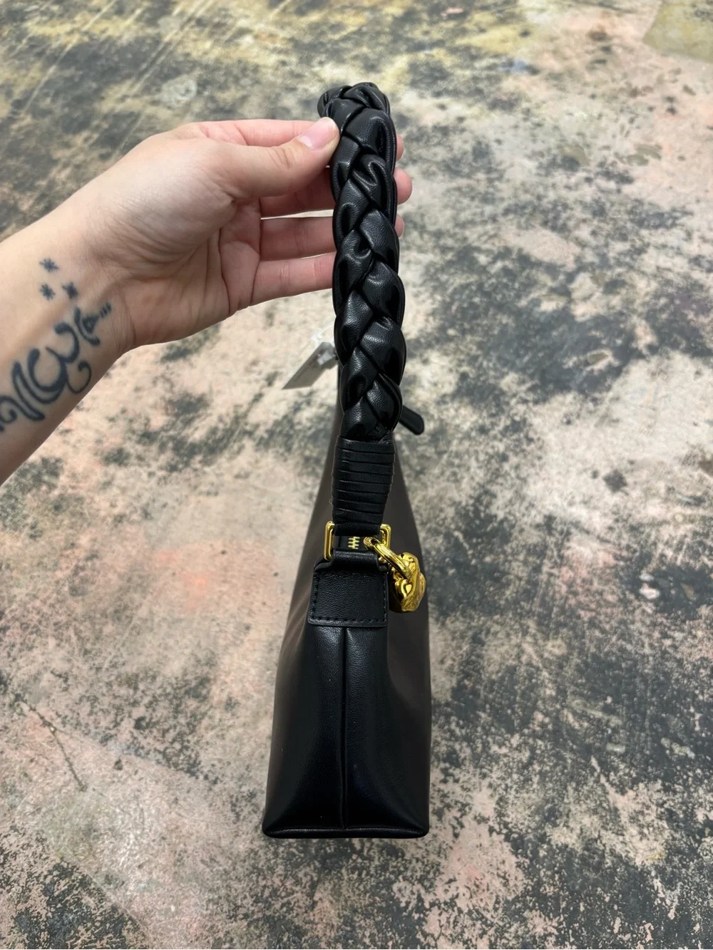 Aupen Nirvana Black Braided-Handle Shoulder Bag with Gold Accents